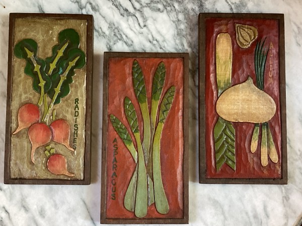 set of three hand carved hand painted wooden veggie pieces