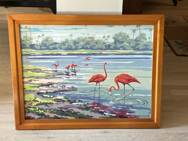 Framed tropical paint by number with flamingos