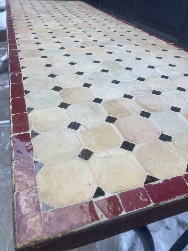 Mosaic tile top iron based long table