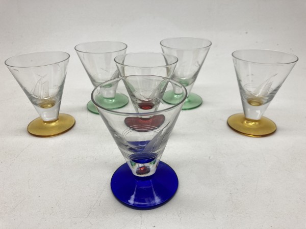 Set of vintage nautical colored etched sailboat cordials