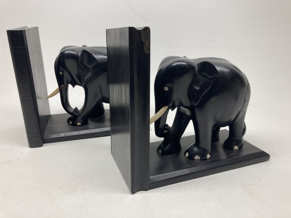 pair of ebony carved elephant bookends