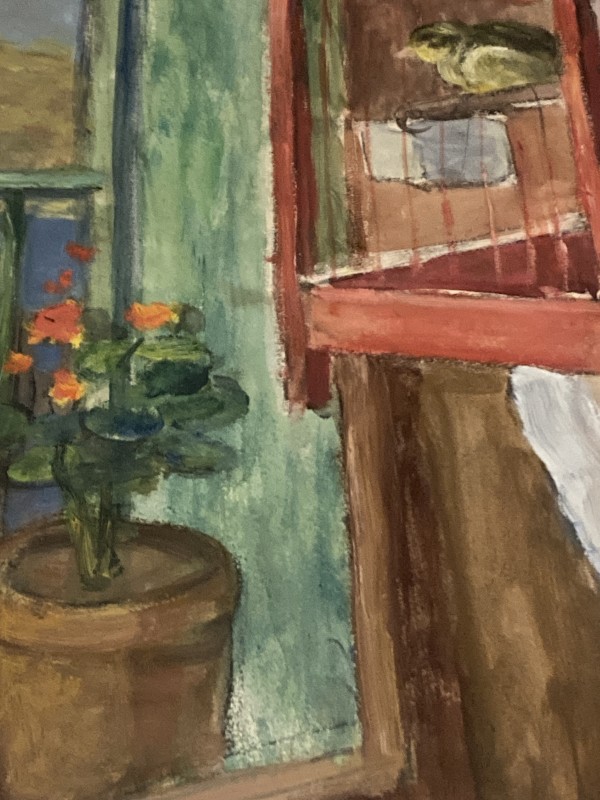 Original painting on paper of birdcage in window