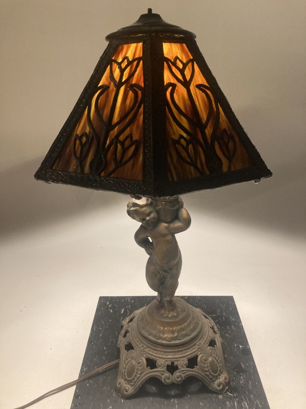 Cherub lamp with stained glass shade