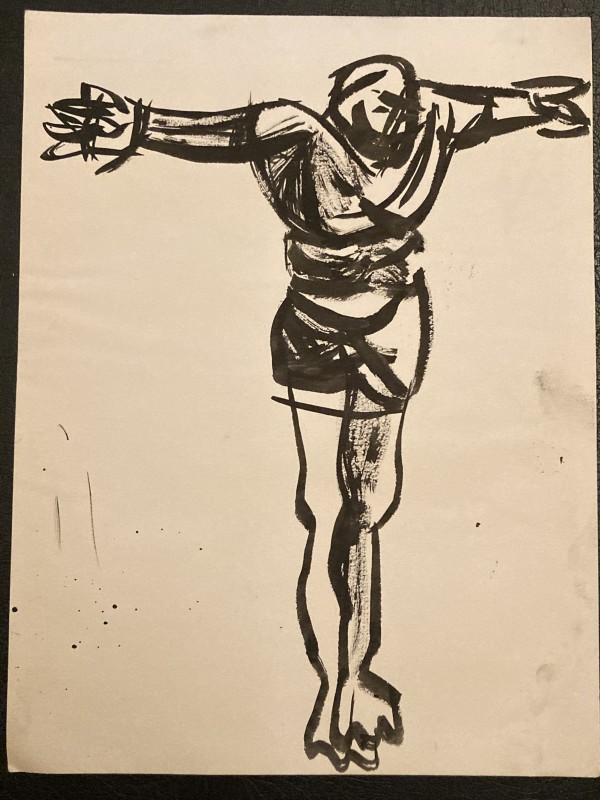 Original vintage ink drawing of a crucifix by James Quentin Young