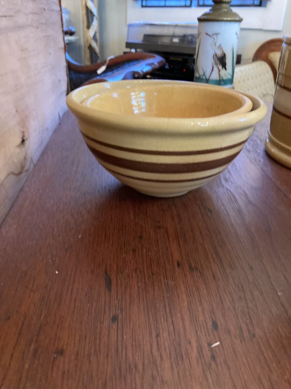 pair of brown stripe bowls