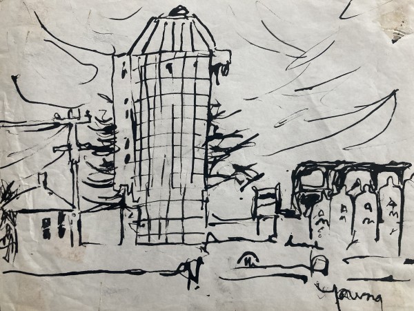 Barn and silo ink drawing by James Quentin Young