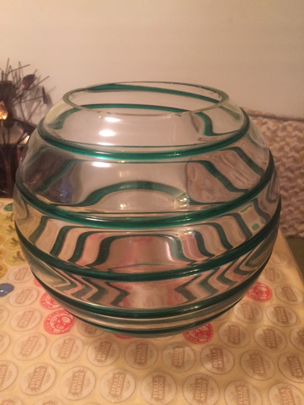 Czech clear and green striped bowl
