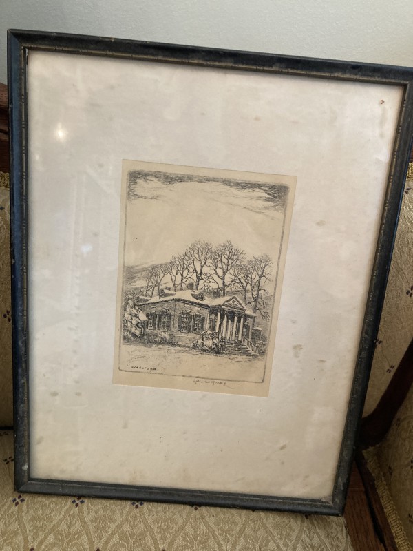 framed etching of home