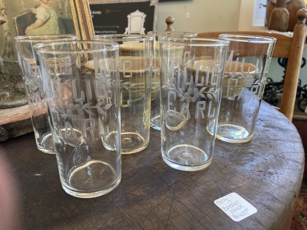 set of 6 etched water glasses Millie and Earl