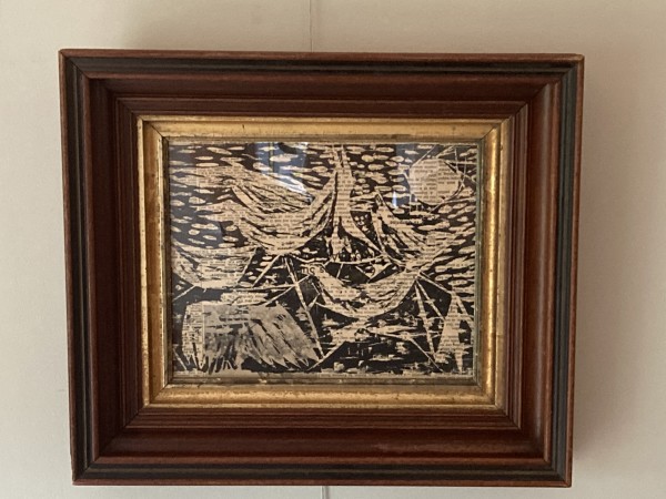 Framed abstract woodblock mountain scene