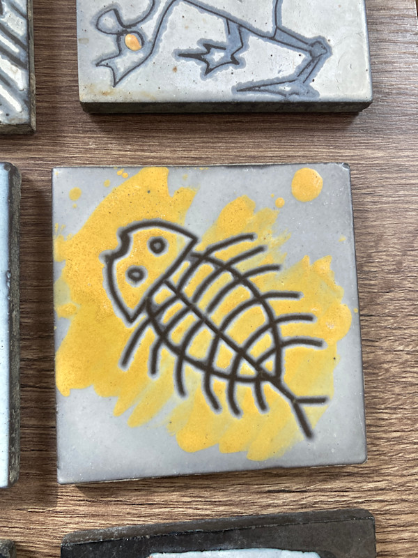 1960's Hand painted modern style tile by Roger Capron ~ Fish bones