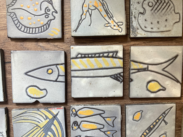 1960's Hand painted modern style tile by Roger Capron ~ 3 piece Fish set