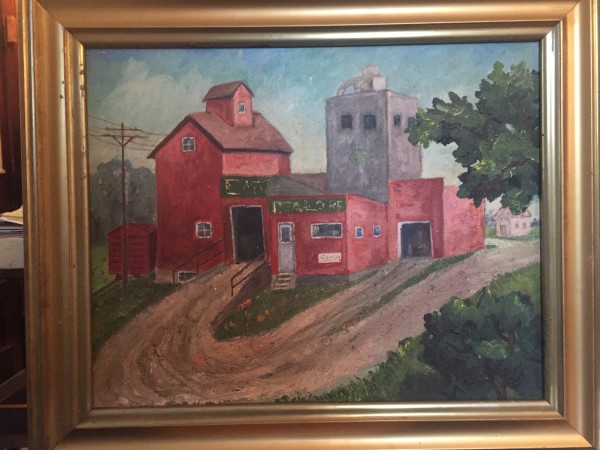 Framed oil painting of red barn on board