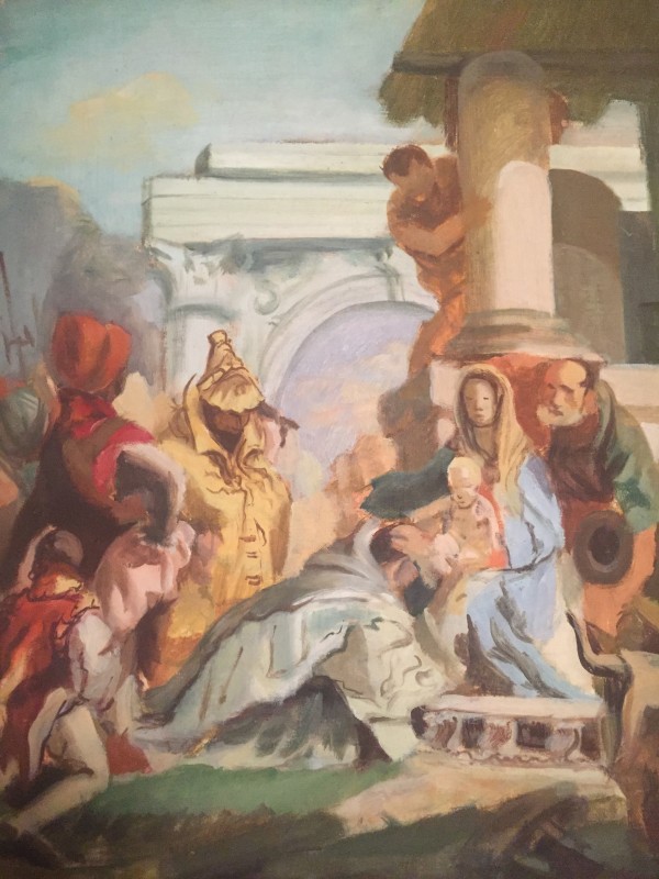 unframed oil painting on board religious scene
