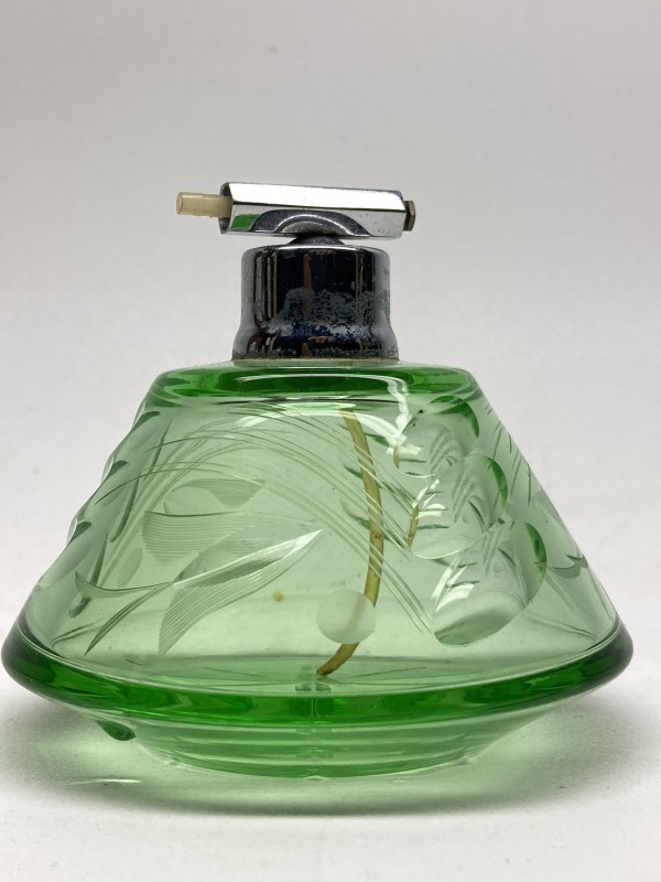 Green glass Art Deco Perfume bottle with spray