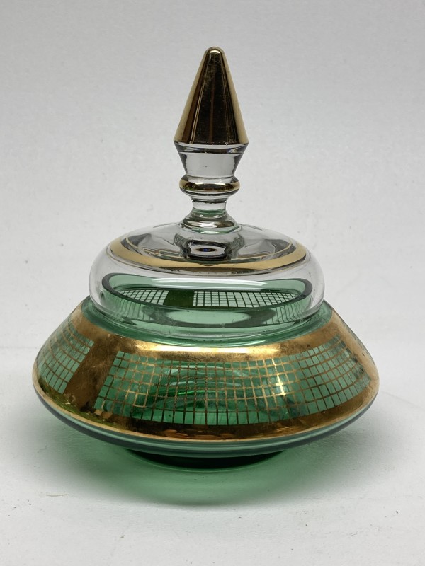Green glass Art Deco Perfume covered powdered dish
