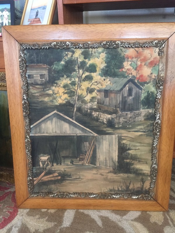 Framed watercolor of fall sheds