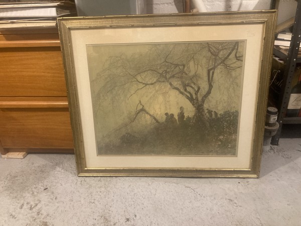 Framed Asian print with flowering tree