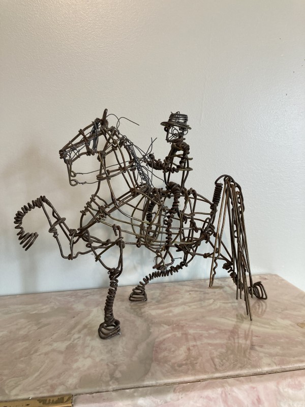 Wire hand made horse and rider sculpture