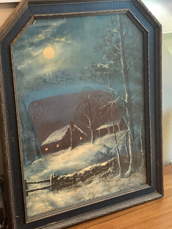 vintage lithograph of snowy cabin