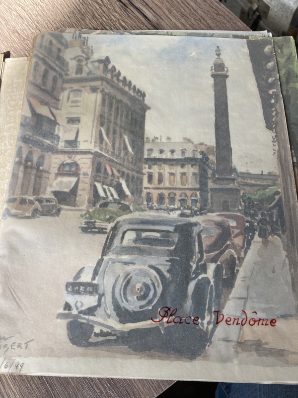 Vintage watercolor circa 1940's of Paris car Place Vendome