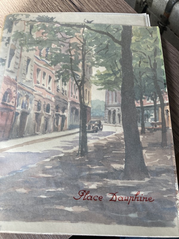 Vintage watercolor circa 1940's Paris street scene Place Dauphine