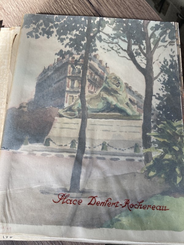 Vintage watercolor circa 1940's Paris ~ Place de Denfert Rochereau