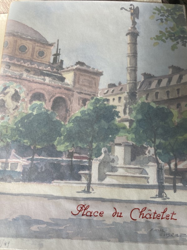 Vintage watercolor circa 1940's Paris ~ Place de Chatelet