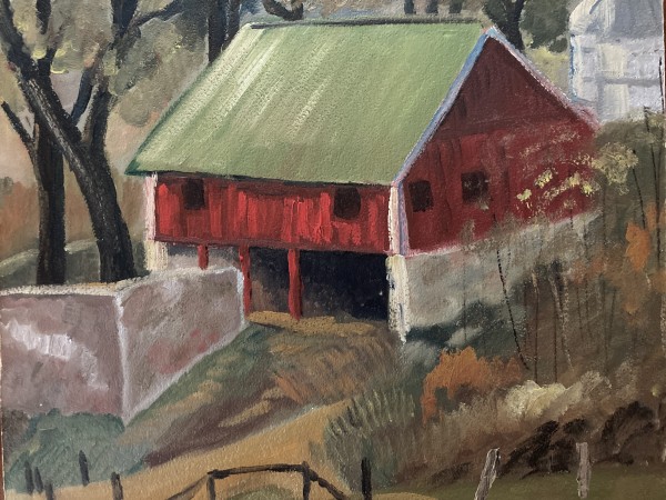 Original painting on board of red barn