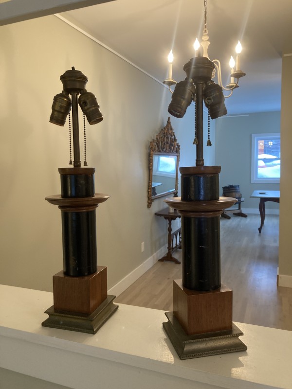 Pair of walnut and leather table lamps