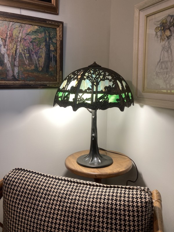 bent panel table lamp with landscape scene