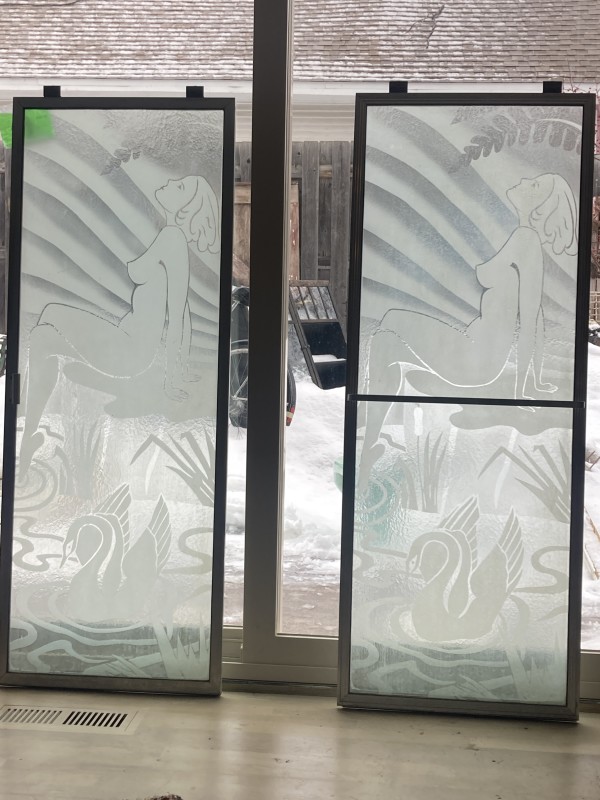 Pair of etched glass deco nude women windows