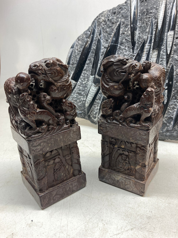Chinese soapstone heavy carved dragon bookends