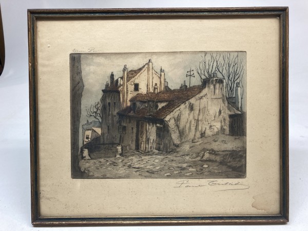 Framed French hand colored etching
