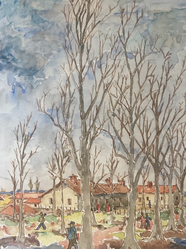 original watercolor of French house beyond the trees