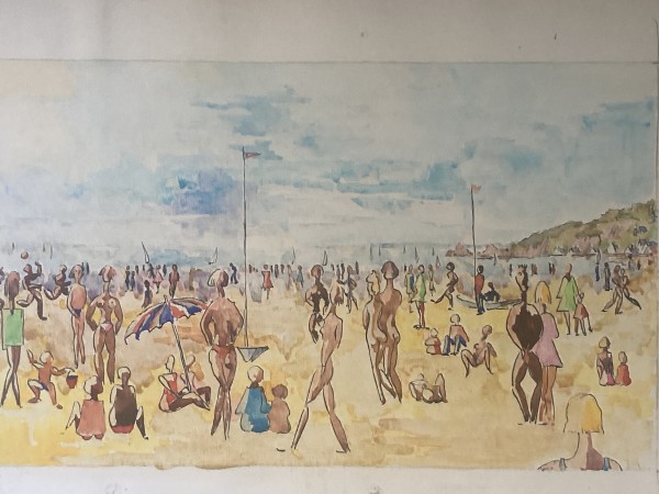 original watercolor of French beach scene