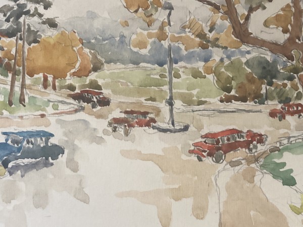 original watercolor of French street scene with cars