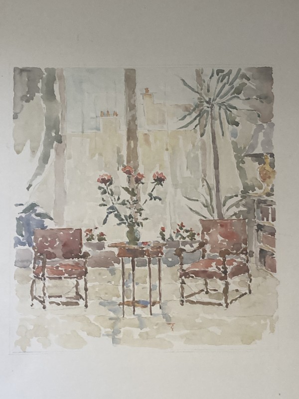 original watercolor of French interior