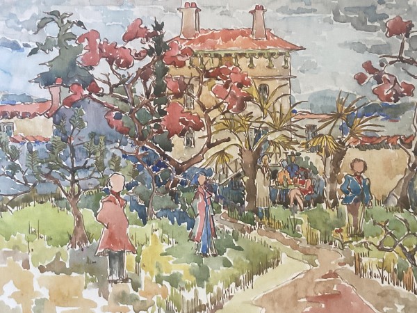 original watercolor of French home with red roof