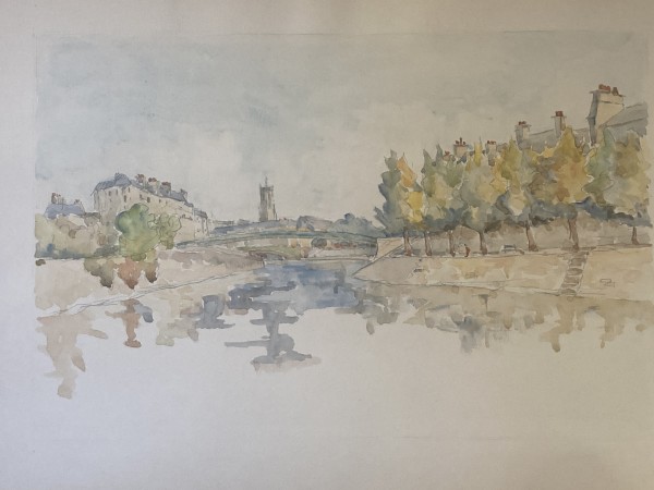 original watercolor of French canal scene