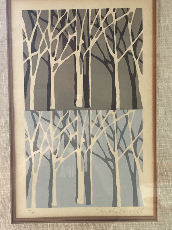 Framed signed silkscreen of trees by Sarah Russell