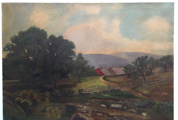 Vintage oil painting of barn