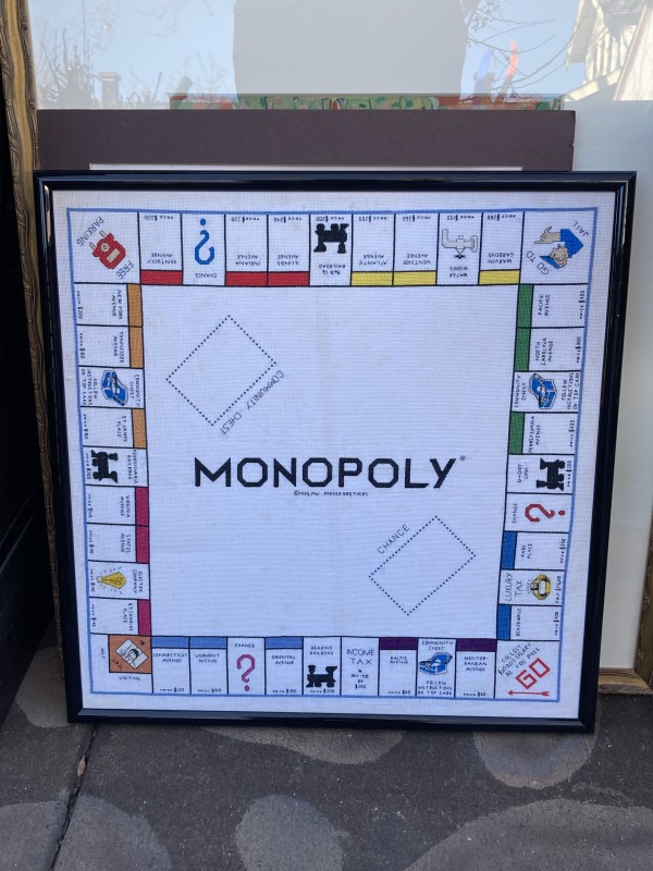 Framed Monopoly crossed stitch and embroidered game board