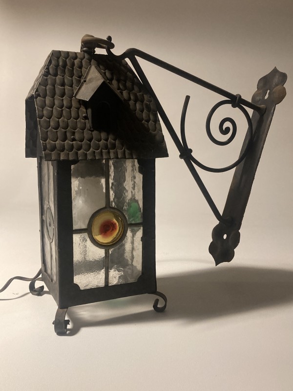 English Arts n Crafts metal lantern with iron wall bracket