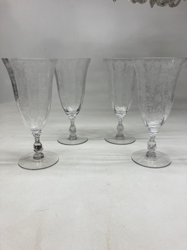4 etched "Rose Point" water glasses by Cambridge