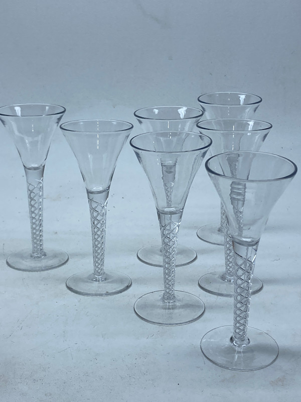 Set of 8 art glass cordial glasses with twist stem