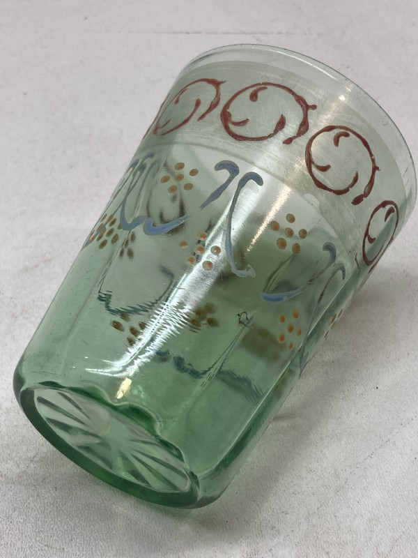 turn of the century green water glass with enameled flowers