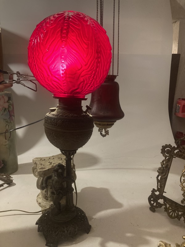 Ornate Victorian Kerosene  lamp with ruby glass shade