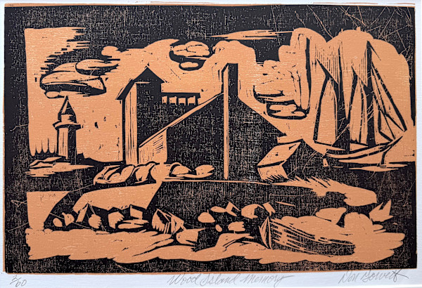 Wood Island, Memory, rust orange background,  matted, 2/60 by Don Gorvett, Image 1.