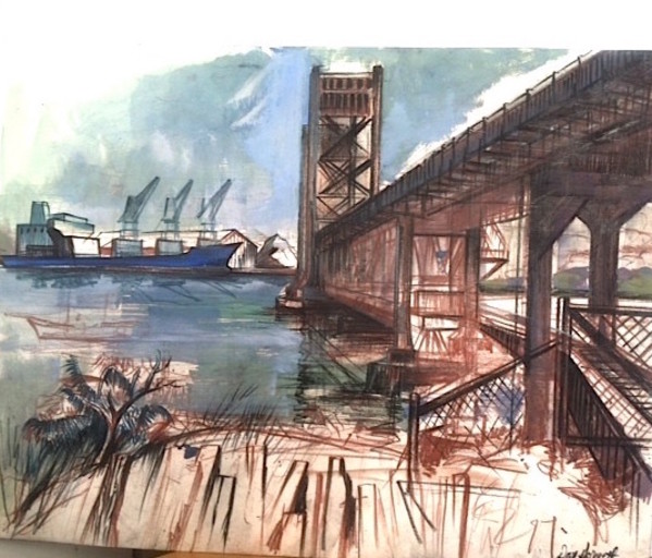 Sarah Mildred Long Bridge, Blue Freighter by Don Gorvett